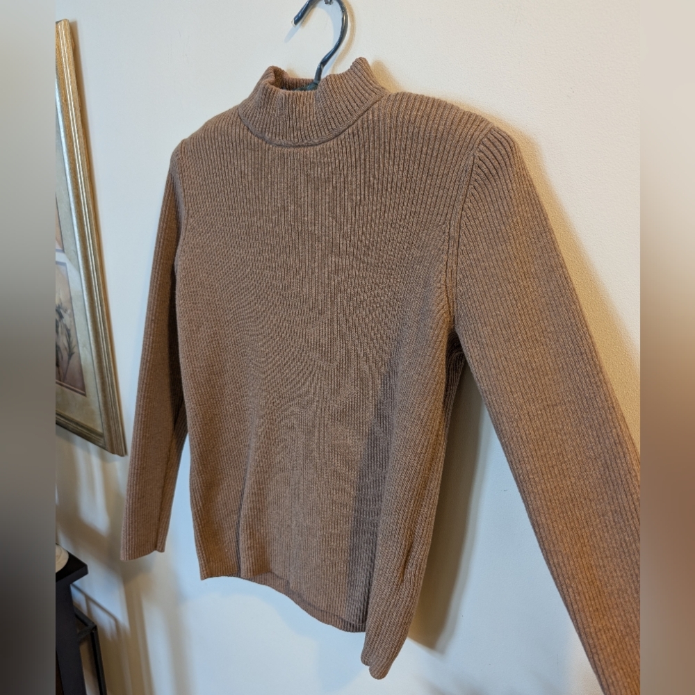 Tan High-Neck Woven Sweater, S
